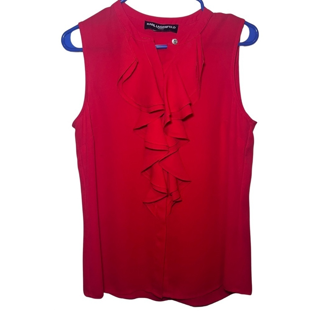 Karl Lagerfeld Red Paris Ruffle Neck Sleeveless Blouse Size Small 6 Office